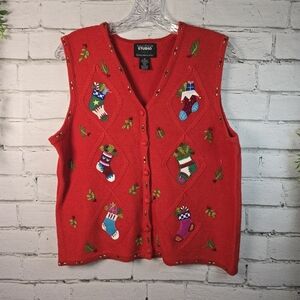 VINTAGE DESIGNERS ORGINALS STUDIO JOY RED CHRISTMAS VEST STOCKINGS WOMENS M
